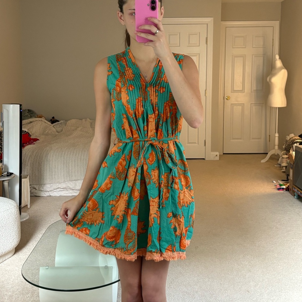 Modaposa coral Floral Sleeveless Dress - teal Green and Orange